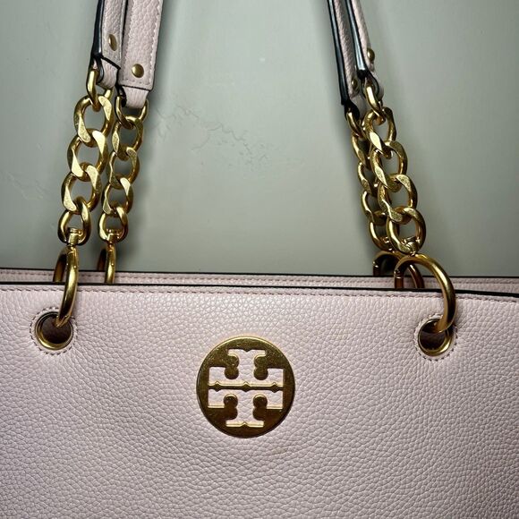 Tory Burch Everly  Shell Pink Pebble Leather Tote Handbag Gold Hardware Designer - Picture 16 of 16